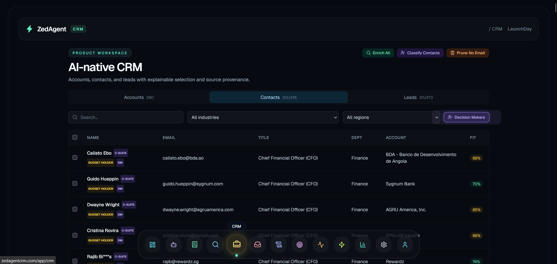 ZedAgent CRM — Contacts view with AI scoring