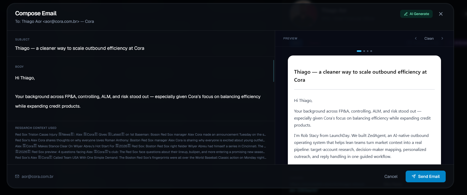 ZedAgent CRM — AI email composer with preview